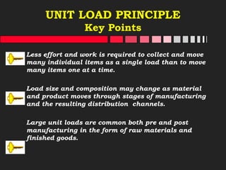 UNIT LOAD PRINCIPLE
Key Points
Less effort and work is required to collect and move
many individual items as a single load than to move
many items one at a time.
Load size and composition may change as material
and product moves through stages of manufacturing
and the resulting distribution channels.
Large unit loads are common both pre and post
manufacturing in the form of raw materials and
finished goods.
 