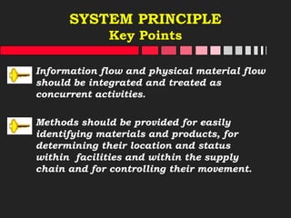 SYSTEM PRINCIPLE
Key Points
Information flow and physical material flow
should be integrated and treated as
concurrent activities.
Methods should be provided for easily
identifying materials and products, for
determining their location and status
within facilities and within the supply
chain and for controlling their movement.
 