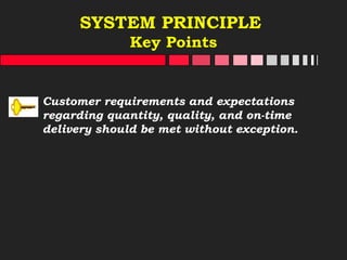 SYSTEM PRINCIPLE
Key Points
Customer requirements and expectations
regarding quantity, quality, and on-time
delivery should be met without exception.
 