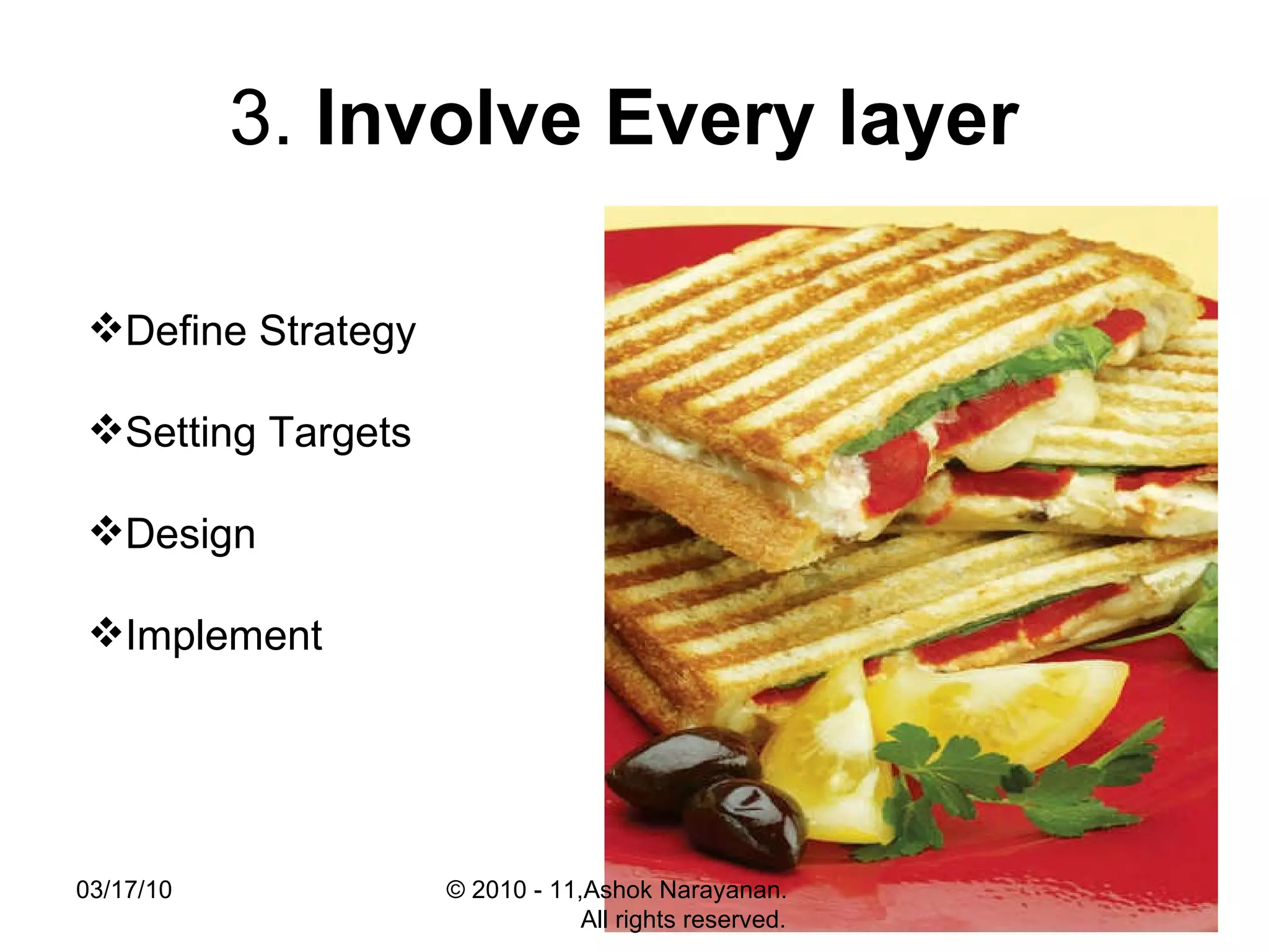 3.  Involve Every layer   Define Strategy Setting Targets  Design Implement  03/17/10 © 2010 - 11,Ashok Narayanan.  All rights reserved. 