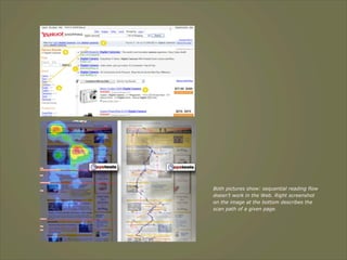 Both pictures show: sequential reading flow
doesn’t work in the Web. Right screenshot
on the image at the bottom describes the
scan path of a given page.
 