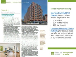 Mixed-Income Financing New York City’s 50/30/20 Program supports mixed- income projects that are: 
•50% market 
•30% middle income 
•20% low-income Connecticut’s Housing Finance Authority provides subsidized loans for any projects with at least 20% of units affordable to low-income households.  