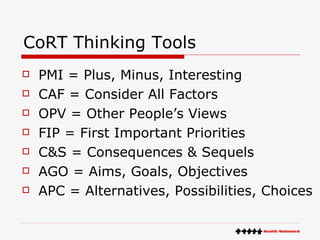 CoRT Thinking Tools PMI = Plus, Minus, Interesting  CAF = Consider All Factors  OPV = Other People’s Views  FIP = First Important Priorities  C&S = Consequences & Sequels  AGO = Aims, Goals, Objectives  APC = Alternatives, Possibilities, Choices  