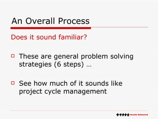 An Overall Process Does it sound familiar? These are general problem solving strategies (6 steps) … See how much of it sounds like project cycle management 