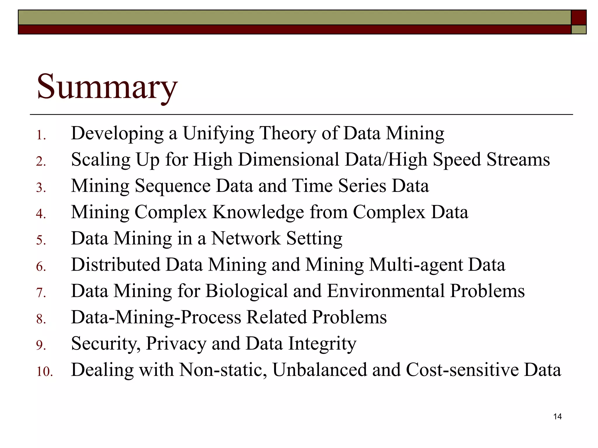 14
Summary
1. Developing a Unifying Theory of Data Mining
2. Scaling Up for High Dimensional Data/High Speed Streams
3. Mining Sequence Data and Time Series Data
4. Mining Complex Knowledge from Complex Data
5. Data Mining in a Network Setting
6. Distributed Data Mining and Mining Multi-agent Data
7. Data Mining for Biological and Environmental Problems
8. Data-Mining-Process Related Problems
9. Security, Privacy and Data Integrity
10. Dealing with Non-static, Unbalanced and Cost-sensitive Data
 