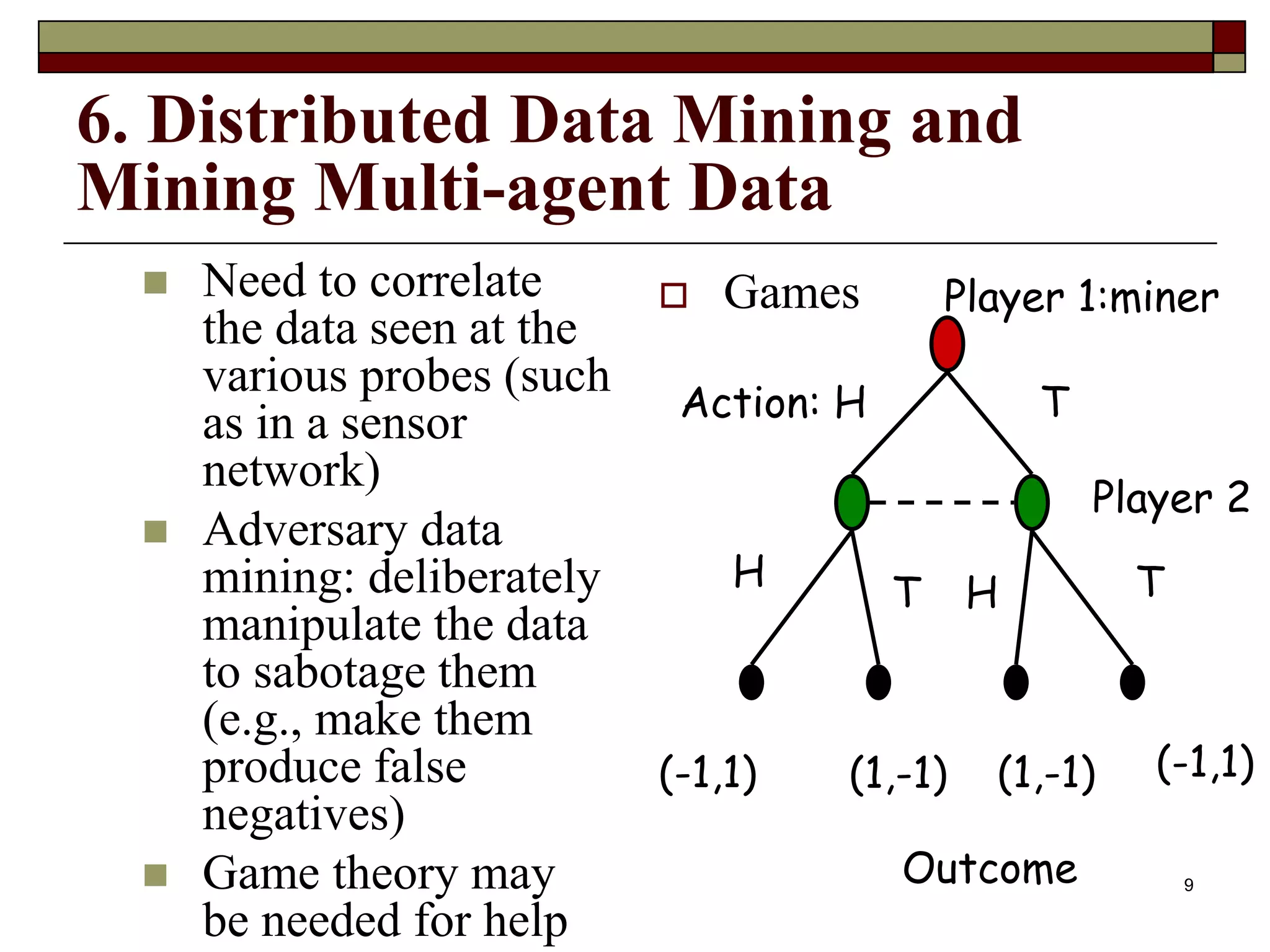9
6. Distributed Data Mining and
Mining Multi-agent Data
 Need to correlate
the data seen at the
various probes (such
as in a sensor
network)
 Adversary data
mining: deliberately
manipulate the data
to sabotage them
(e.g., make them
produce false
negatives)
 Game theory may
be needed for help
 Games Player 1:miner
Player 2
Action: H
H
H
T
T
T
(-1,1) (-1,1)
(1,-1) (1,-1)
Outcome
 