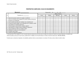 Nuestro Proyecto educativo
CEIP “Ntra. Sra. de la Paz” Chilluévar (Jaén)
PROPÓSITOS CUMPLIDOS. HOJA DE SEGUIMIENTO
Alumno/a: ____________ Semana del __ de ______ al __ de ________
Nº Propósitos de ___________
¿Merece Positivo?
Lunes Martes Miércoles Jueves Viernes
1 2 3 4 5 1 2 3 4 5 1 2 3 4 5 1 2 3 4 5 1 2 3 4 5
1 ¿Nos ha buscando cuando le ha surgido un problema?
2
¿Nos ha recordado que le pongamos los puntos positivos al final de la
semana si le corresponde?
3 ¿Se ha vuelto hacia atrás para molestar a los compañeros/as?
4 Cuando los demás trabajan, ¿se ha esforzado por no molestar a nadie?
5 ¿Ha evitado los comentarios graciosos?
7 ¿Pide disculpas cuando ofende o molesta a alguien?
8 ¿Nos atiende con respeto cuando le hablamos y explicamos?
9 ¿Se ha quejado por estar en su lugar en clase?
10 ¿Molesta en el patio a los niños pequeños?
11 ¿Insulta o pone motes?
13 ¿Anota en la agenda los deberes?
(*) Hay que poner en las casillas B, R o M. Si durante todas las sesiones de una misma área a lo largo de la semana ha merecido una buena valoración, le anotamos que
merece el positivo, para que en casa lo vean y puedan tener un detalle con él. Para ello basta con anotar la inicial de nuestra área. MUCHAS GRACIAS.
Si vemos que su conducta va mejorando, más adelante, podremos hacer una sola anotación a la semana. Por ahora, vamos a llevar el control a diario.
 