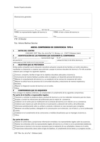 Nuestro Proyecto educativo
CEIP “Ntra. Sra. de la Paz” Chilluévar (Jaén)
Observaciones generales:
En ___________________ , a ____ , del mes de ______________ de _____
FIRMA: los representantes legales del alumno/a:
Fdo.: ________________________________
FIRMA: el tutor o tutora del alumno/a:
Fdo.:___________________________________
VºBº, El Director
Fdo.: Antonio Martínez Sánchez
ANEXO. COMPROMISO DE CONVIVENCIA TIPO A
1 DATOS DEL CENTRO
23001469 CEIP “Ntra. Sra. de la Paz” C/ Alcoray, s/n 23477 Chilluévar (Jaén)
2 IDENTIFICACIÓN DE LAS PERSONAS QUE SUSCRIBEN EL COMPROMISO
D./Dª. ________________________ , representante legal
del alumno/a ___________________________ ,
matriculado en este centro en el curso escolar _______
D./Dª. ____________________________ , en
calidad de tutor/a de dicho alumno/a,
3 OBJETIVOS QUE SE PRETENDEN
Ambas partes comparten que la educación necesita la actuación conjunta de las familias y el centro educativo y
manifiestan su disposición a cooperar para estimular y apoyar el proceso educativo del alumno/a. Por ello acuerdan
colaborar para conseguir los siguientes objetivos:
c Conocer, compartir y facilitar el logro de los objetivos educativos adecuados al alumno/a.
c Comunicarse de manera habitual y positiva sobre el progreso y el desarrollo personal del alumno/a.
c Mejorar el comportamiento del alumno/a y su aceptación de las normas de convivencia del centro.
c Mejorar la actitud hacia las personas de la comunidad educativa y relacionarse de manera respetuosa y
colaborativa.
c Mejorar la integración escolar del alumno/a en el centro.
c Otros:
4 COMPROMISOS QUE SE ADQUIEREN
Para conseguir los objetivos anteriores, se comprometen al cumplimiento de los siguientes compromisos:
Por parte de la familia o responsables legales:
c Favorecer y controlar la asistencia diaria y puntual del alumno/a y con los materiales necesarios para las clases.
c Aceptar y cumplir las indicaciones del profesorado para la mejora de convivencia.
c Colaborar con el centro para la modificación de la conducta del alumno/a en relación con su convivencia.
c Colaborar para mejorar por parte del alumno/a la percepción y valoración del centro y del profesorado.
c Informarse periódicamente sobre su actitud y conducta e intervenir en caso necesario para corregirlas.
c Mantener una actitud positiva y dialogante en la comunicación con la dirección, con el tutor/a, y con el profesorado
del centro.
c Colaborar en el cumplimiento de las correcciones o medidas disciplinarias que se impongan al alumno/a.
c Otros:
Por parte del centro:
c Realizar el control diario y proporcionar información inmediata a los representantes legales sobre las ausencias.
c Realizar las entrevistas entre los representantes legales del alumno/a y el tutor/a con la periodicidad establecida.
c Proporcionar al alumno/a los recursos necesarios para la realización de sus actividades y tareas en el centro.
c Proporcionar indicaciones claras sobre el logro de objetivos, el cumplimiento de las tareas y su progreso escolar.
 