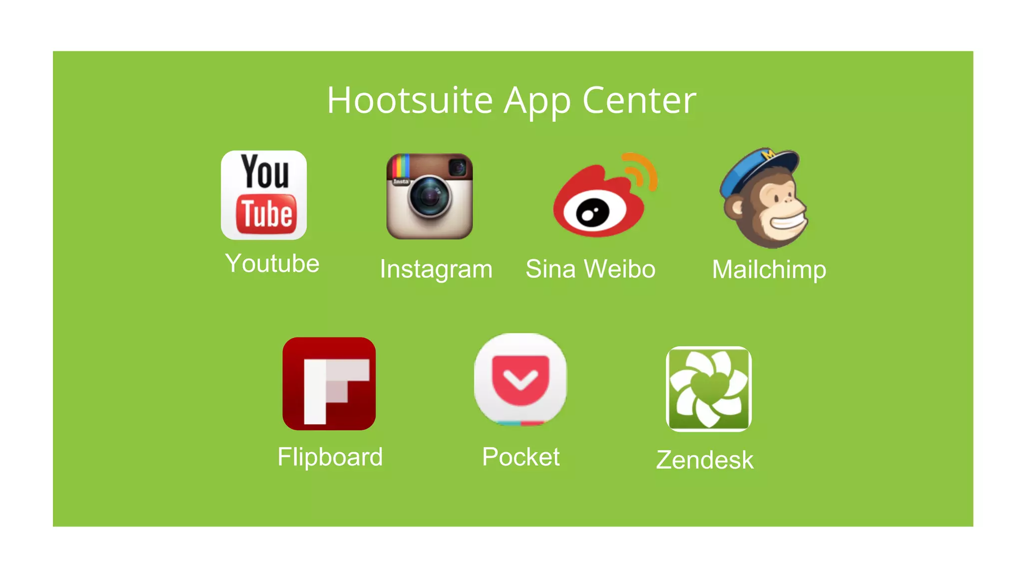 Hootsuite App Center
Flipboard ZendeskPocket
MailchimpYoutube Sina WeiboInstagram
 