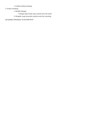 c. Perilaku ketahanan keluarga
3. Gerakan menabung
              a. Memiliki tabungan
                      Tabungan dapat berupa uang, tanaman keras dan ternak
              b. Mengajak warga masyarakat yang lian untuk ikut menabung.

Last Updated ( Wednesday, 18 June 2008 20:30 )
 