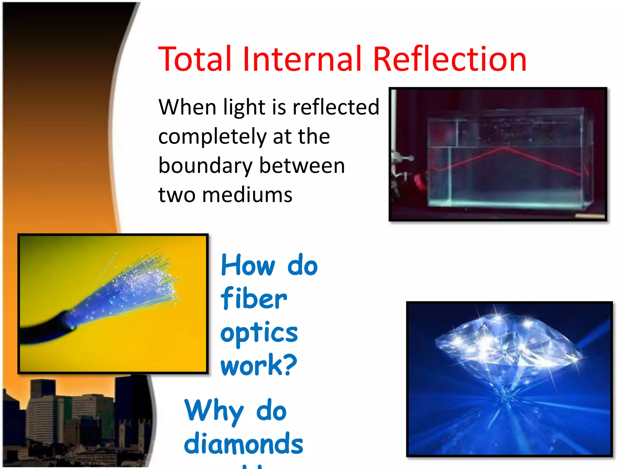 Total Internal Reflection
When light is reflected
completely at the
boundary between
two mediums

How do
fiber
optics
work?
Why do
diamonds

 