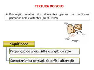 TEXTURA DO SOLO
 Proporção relativa dos diferentes grupos de partículas
primárias nele existentes (Kiehl, 1979)
Significado
Proporção de areia, silte e argila do solo
Característica estável, de difícil alteração
 