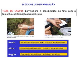 MÉTODOS DE DETERMINAÇÃO
TESTE DE CAMPO: Correlaciona a sensibilidade ao tato com o
tamanho e distribuição das partículas
 
