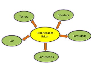 Propriedades
físicas
Cor
Textura Estrutura
Porosidade
Consistência
 