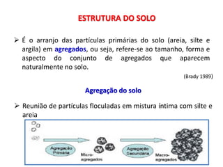  É o arranjo das partículas primárias do solo (areia, silte e
argila) em agregados, ou seja, refere-se ao tamanho, forma e
aspecto do conjunto de agregados que aparecem
naturalmente no solo.
ESTRUTURA DO SOLO
(Brady 1989)
Agregação do solo
 Reunião de partículas floculadas em mistura íntima com silte e
areia
 