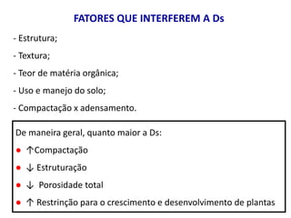 - Estrutura;
- Textura;
- Teor de matéria orgânica;
- Uso e manejo do solo;
- Compactação x adensamento.
FATORES QUE INTERFEREM A Ds
De maneira geral, quanto maior a Ds:
● ↑Compactação
● ↓ Estruturação
● ↓ Porosidade total
● ↑ Restrinção para o crescimento e desenvolvimento de plantas
 