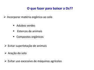 O que fazer para baixar a Ds??
 Incorporar matéria orgânica ao solo
 Adubos verdes
 Estercos de animais
 Compostos orgânicos
 Evitar superlotação de animais
 Aração do solo
 Evitar uso excessivo de máquinas agrícolas
 