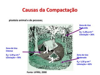 Causas da Compactação
 pisoteio animal e de pessoas;
Zona de Uso
Intenso
Dg= 1,44 g cm-3
Lixiviação = 76%
Zona de Uso
Moderado
Dg= 1,32 g cm-3
Lixiviação = 62%
Zona de Uso
Reduzido
Dg= 1,28 g cm-3
Lixiviação = 26%
Fonte: UFRRJ, 2000
 