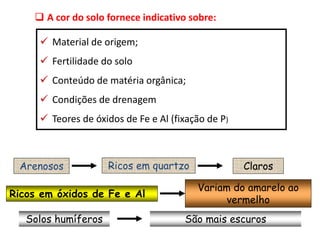  A cor do solo fornece indicativo sobre:
 Material de origem;
 Fertilidade do solo
 Conteúdo de matéria orgânica;
 Condições de drenagem
 Teores de óxidos de Fe e Al (fixação de P)
Arenosos Ricos em quartzo Claros
Ricos em óxidos de Fe e Al
Variam do amarelo ao
vermelho
São mais escuros
Solos humíferos
 