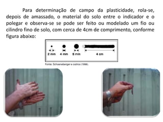 Para determinação de campo da plasticidade, rola-se,
depois de amassado, o material do solo entre o indicador e o
polegar e observa-se se pode ser feito ou modelado um fio ou
cilindro fino de solo, com cerca de 4cm de comprimento, conforme
figura abaixo:
 