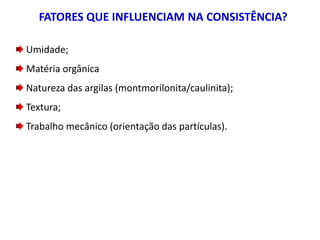 FATORES QUE INFLUENCIAM NA CONSISTÊNCIA?
Umidade;
Matéria orgânica
Natureza das argilas (montmorilonita/caulinita);
Textura;
Trabalho mecânico (orientação das partículas).
 