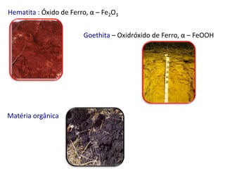Hematita : Óxido de Ferro, α – Fe2O3
Goethita – Oxidróxido de Ferro, α – FeOOH
Matéria orgânica
 