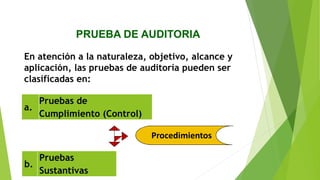 PRUEBA DE AUDITORIA
En atención a la naturaleza, objetivo, alcance y
aplicación, las pruebas de auditoría pueden ser
clasificadas en:
a.
Pruebas de
Cumplimiento (Control)
Procedimientos
b.
Pruebas
Sustantivas
 