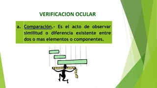 VERIFICACION OCULAR
a. Comparación.‐ Es el acto de observar
similitud o diferencia existente entre
dos o mas elementos o componentes.
 