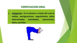 VERIFICACION ORAL
c. Indagación.‐ Es el examen a través del cual se
realiza, averiguaciones, seguimientos sobre
determinadas actividades, operaciones,
datos, partidas.
 