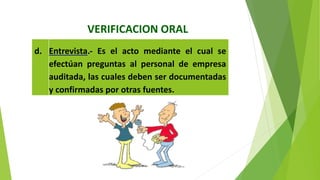 VERIFICACION ORAL
d. Entrevista.‐ Es el acto mediante el cual se
efectúan preguntas al personal de empresa
auditada, las cuales deben ser documentadas
y confirmadas por otras fuentes.
 