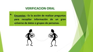 VERIFICACION ORAL
e. Encuestas.‐ Es la acción de realizar preguntas
para recopilar información de un gran
universo de datos o grupos de personas.
 