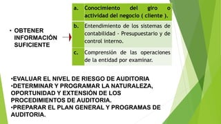 • OBTENER
INFORMACIÓN
SUFICIENTE
a. Conocimiento del giro o
actividad del negocio ( cliente ).
b. Entendimiento de los sistemas de
contabilidad ‐ Presupuestario y de
control interno.
c. Comprensión de las operaciones
de la entidad por examinar.
•EVALUAR EL NIVEL DE RIESGO DE AUDITORIA
•DETERMINAR Y PROGRAMAR LA NATURALEZA,
OPORTUNIDAD Y EXTENSIÓN DE LOS
PROCEDIMIENTOS DE AUDITORIA.
•PREPARAR EL PLAN GENERAL Y PROGRAMAS DE
AUDITORIA.
 