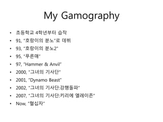 My Gamography
• 초등학교 4학년부터 습작
• 91, “호랑이의 분노”로 데뷔
• 93, “호랑이의 분노2”
• 95, “푸른매”
• 97, “Hammer & Anvil”
• 2000, “그녀의 기사단”
• 2001, “Dynamo Beast”
• 2002, “그녀의 기사단:강행돌파”
• 2007, “그녀의 기사단:키리에 엘레이존”
• Now, “혈십자”
 