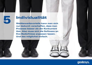 Individualität
Wettbewerbsvorteile kann man sich
nur dadurch verschaffen, dass man
Prozesse besser als der Konkurrent
löst. Also muss sich die Software an
Ihre Bedürfnisse anpassen lassen.
Und das möglichst einfach.
5
 