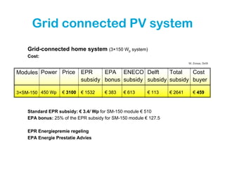 Grid connected PV system
    Grid-connected home system (3×150 Wp system)
    Cost:
                                                                           M. Zeman, Delft


Modules Power Price         EPR     EPA ENECO Delft       Total   Cost
                            subsidy bonus subsidy subsidy subsidy buyer

3×SM-150 450 Wp    € 3100   € 1532    € 383   € 613      € 113    € 2641      € 459



    Standard EPR subsidy: € 3.4/ Wp for SM-150 module € 510
    EPA bonus: 25% of the EPR subsidy for SM-150 module € 127.5

    EPR Energiepremie regeling
    EPA Energie Prestatie Advies
 