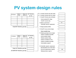 PV system design rules
             Device   Hours of    DC Watt-hrs.   1. Total DC Watt-hrs./day (DC loads)
 DC device
             Watts    daily use                  1. Total DC Watt-hrs./day (AC loads)    +
                                    per day
                                                 1. Total DC Watt-hrs./day (All loads)   =
                                                   System nominal DC voltage             ÷
                                                   Total DC Ams-hrs./day                 =

                                                 2. Battery system losses                ×   1.2
                                                   Total daily Ams-hrs. requirement      =

   Total DC Watt-hrs. per day                    3. Design insolation (ESH)              ÷

                                                 4. Total PV array current (Amps)        =

                                                   Select module type
                                                 5. Module operating current (Amps)      ÷
                                                   Number of modules in parallel         =
             Device   Hours of    AC Watt-hrs.
 AC device                                         System nominal volatge
             Watts    daily use
                                    per day
                                                   Modules nominal voltage               ÷
                                                   Number of modules in series           =
                                                   Number of modules in parallel         ×
                                                   Total modules required                =

                                                 6. Total daily Amp-hrs. requirement
                                                   Recommended reserve time (days)       ×
   Total AC Watt-hrs. per day
                                                   Percent of usable battery capacity    ÷    0.8
AC/0.85=DC Watt-hrs. per day                       Minimum battery capacity              =
 