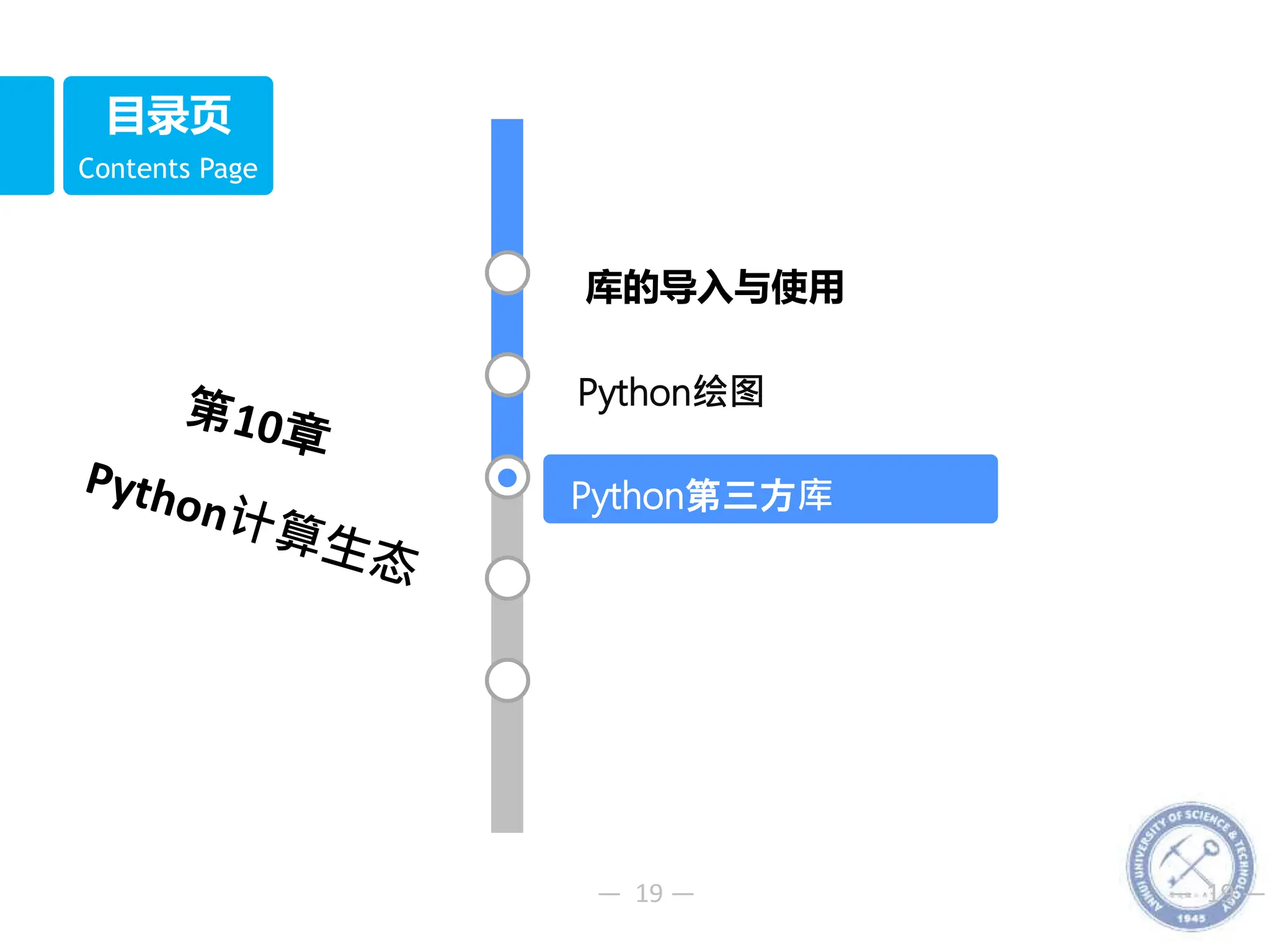 — 19 — — 19 —
Contents Page
目录页
Python绘图
库的导入与使用
Python第三方库
 