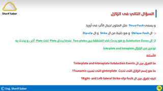 ©Eng. Sherif Saber
‫اﻟﺰﻻزل‬ ‫ﻓﻰ‬ ‫اﻟﺘﺎﻟﻲ‬ ‫اﻟﺴﺆال‬
.
ӴӼ
‫ﻳﺴﻤﻰ‬ ‫و‬
Thrust Fault
‫أورﺑﺎ‬ ‫ﻓﻰ‬ ‫اﻷﻟﺐ‬ ‫ﻟﺠﺒﺎل‬ ‫اﻟﻤﻜﻮن‬ ‫ﻣﺜﻞ‬
.
‫د‬
-
‫ال‬
Oblique Fault
‫ال‬ ‫ﻣﻦ‬ ‫ﺧﻠﻴﻂ‬ ‫ﻫﻮ‬ ‫و‬
Strike
‫ال‬ ‫و‬
Dip-slip
٢
-
‫ال‬
Subduction Zones
،
‫ﺑﻴﻦ‬ ‫اﻟﻤﻨﻄﻘﺔ‬ ‫ﻓﻰ‬ ‫ﻳﺤﺪث‬ ‫ﻫﻮ‬ ‫و‬
Two plates
‫ﻳﺪﺧﻞ‬ ‫ﻋﻨﺪﻣﺎ‬
Plate
‫ﺗﺤﺖ‬
Plate
‫ﺑﻪ‬ ‫ﻳﺤﺪث‬ ‫و‬ ، ‫أﺧﺮ‬
‫اﻟﺰﻟﺰال‬ ‫ﻣﻦ‬ ‫ﻧﻮﻋﻴﻦ‬
Interplate and Intraplate
‫اﻷﺳﺌﻠﺔ‬
‫ال‬ ‫ﺑﻴﻦ‬ ‫اﻟﻔﺮق‬ ‫ﻣﺎ‬
interplate and Interaplate Subduction Events
‫؟‬
‫ﺗﺤﺪث‬ ‫اﻟﺘﻰ‬ ‫اﻟﺰﻻزل‬ ‫إﺳﻢ‬ ‫ﻫﻮ‬ ‫ﻣﺎ‬
Interplate
‫ﺗﺴﺒﺐ‬ ‫اﻟﺘﻰ‬ ‫و‬
Tsunamis
‫؟‬
‫ال‬ ‫ﺑﻴﻦ‬ ‫ﺗﻔﺮق‬ ‫ﻛﻴﻒ‬
Right- and Left-lateral Strike-slip fault
‫؟‬
Sherif Saber
 