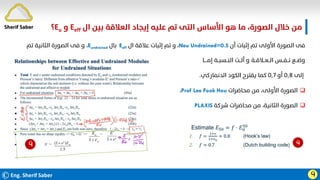 ‫ال‬ ‫ﺑﻴﻦ‬ ‫اﻟﻌﻼﻗﺔ‬ ‫إﻳﺠﺎد‬ ‫ﻋﻠﻴﻪ‬ ‫ﺗﻢ‬ ‫اﻟﺘﻰ‬ ‫اﻷﺳﺎس‬ ‫ﻫﻮ‬ ‫ﻣﺎ‬ ،‫اﻟﺼﻮرة‬ ‫ﺧﻼل‬ ‫ﻣﻦ‬
Eeff
‫و‬
Eu
‫؟‬
‫أن‬ ‫إﺛﺒﺎت‬ ‫ﺗﻢ‬ ‫اﻷوﻟﻰ‬ ‫اﻟﺼﻮرة‬ ‫ﻓﻰ‬
Neu Undrained=0.5
،
‫ال‬ ‫ﻋﻼﻗﺔ‬ ‫إﺛﺒﺎت‬ ‫ﺗﻢ‬ ‫و‬
Eeff
‫ﺑﺎل‬
Eundrained
،
‫ﺗﻢ‬ ‫اﻟﺜﺎﻧﻴﺔ‬ ‫اﻟﺼﻮرة‬ ‫ﻓﻰ‬ ‫و‬
‫إﻣــــﺎ‬ ‫اﻟﻨــﺴﺒــﺔ‬ ‫أﻟــﺖ‬ ‫و‬ ‫اﻟــﻌــﻼﻗــﺔ‬ ‫ﻧــﻔــﺲ‬ ‫وﺿــﻊ‬
‫إﻟﻰ‬
٠٫٨
‫أو‬
٠٫٧
‫اﻟﺪﻧﻤﺎرﻛﻲ‬ ‫اﻟﻜﻮد‬ ‫ﻳﻘﺘﺮح‬ ‫ﻛﻤﺎ‬
.

‫ﻣﺤﺎﺿﺮات‬ ‫ﻣﻦ‬ ،‫اﻷوﻟﻰ‬ ‫اﻟﺼﻮرة‬
Prof Lee Fook Hou
،

‫ﺷﺮﻛﺔ‬ ‫ﻣﺤﺎﺿﺮات‬ ‫ﻣﻦ‬ ،‫اﻟﺜﺎﻧﻴﺔ‬ ‫اﻟﺼﻮرة‬
PLAXIS
Ӵ ӵ
Sherif Saber
©Eng. Sherif Saber Ӵ
 