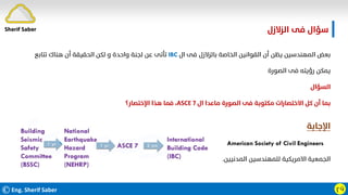 ©Eng. Sherif Saber ӷӵ
‫اﻟﺰﻻزل‬ ‫ﻓﻰ‬ ‫ﺳﺆال‬
‫ال‬ ‫ﻓﻰ‬ ‫ﺑﺎﻟﺰﻻزل‬ ‫اﻟﺨﺎﺻﺔ‬ ‫اﻟﻘﻮاﻧﻴﻦ‬ ‫أن‬ ‫ﻳﻈﻦ‬ ‫اﻟﻤﻬﻨﺪﺳﻴﻦ‬ ‫ﺑﻌﺾ‬
IBC
‫ﺗﺘﺎﺑﻊ‬ ‫ﻫﻨﺎك‬ ‫أن‬ ‫اﻟﺤﻘﻴﻘﺔ‬ ‫ﻟﻜﻦ‬ ‫و‬ ‫واﺣﺪة‬ ‫ﻟﺠﻨﺔ‬ ‫ﻋﻦ‬ ‫ﺗﺄﺗﻰ‬
‫اﻟﺼﻮرة‬ ‫ﻓﻰ‬ ‫رؤﻳﺘﻪ‬ ‫ﻳﻤﻜﻦ‬
‫اﻟﺴﺆال‬
‫ال‬ ‫ﻣﺎﻋﺪا‬ ‫اﻟﺼﻮرة‬ ‫ﻓﻰ‬ ‫ﻣﻜﺘﻮﺑﺔ‬ ‫اﻻﺧﺘﺼﺎرات‬ ‫ﻛﻞ‬ ‫أن‬ ‫ﺑﻤﺎ‬
ASCE 7
،
‫اﻹﺧﺘﺼﺎر؟‬ ‫ﻫﺬا‬ ‫ﻓﻤﺎ‬
‫اﻹﺟﺎﺑﺔ‬
American Society of Civil Engineers
‫اﻟﻤ‬ ‫ﻟﻠﻤﻬﻨﺪﺳﻴﻦ‬ ‫اﻻﻣﺮﻳﻜﻴﺔ‬ ‫اﻟﺠﻤﻌﻴﺔ‬
‫ﺪﻧﻴﻴﻦ‬
.
Sherif Saber
 