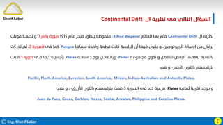 ©Eng. Sherif Saber
‫ال‬ ‫ﻧﻈﺮﻳﺔ‬ ‫ﻓﻰ‬ ‫اﻟﺘﺎﻟﻲ‬ ‫اﻟﺴﺆال‬
Continental Drift.
Ӷ
‫ال‬ ‫ﻧﻈﺮﻳﺔ‬
Continental Drift
‫اﻟﻌﺎﻟﻢ‬ ‫ﺑﻬﺎ‬ ‫ﻗﺎم‬
Alfred Wegener
‫ﻋﺎم‬ ‫ﻓﻨﺠﺮ‬ ‫ﻳﻨﻄﻖ‬ ‫ﻣﻠﺤﻮﻇﺔ‬
١٩١٥
‫رﻗﻢ‬ ‫ﺻﻮرة‬
١
‫ﻗﻮﺑﻠﺖ‬ ‫ﻟﻜﻨﻬـــﺎ‬ ‫و‬ ،
‫ﺳﻤﺎﻫﺎ‬ ‫واﺣﺪة‬ ‫ﻗﻄﻌﺔ‬ ‫ﻛﺎﻧﺖ‬ ‫اﻟﻴﺎﺑﺴﺔ‬ ‫أن‬ ‫ﻓﻴﻬﺎ‬ ‫ﻳﻘﻮل‬ ‫و‬ ،‫اﻟﺠﻴﻮﻟﻮﺟﻴﻦ‬ ‫اوﺳﺎط‬ ‫ﻣﻦ‬ ‫ﺑﺮﻓﺾ‬
Pangea
‫ﻓﻰ‬ ‫ﻛﻤﺎ‬
‫اﻟﺼﻮرة‬
٢
‫ﺗﺤﺮﻛﺖ‬ ‫ﺛﻢ‬ ،
‫ﻣﺠــﻤﻮﻋـﺔ‬ ‫ﺗﻜﻮن‬ ‫و‬ ‫ﻟﺘﻨﻔﺼﻞ‬ ‫اﻟﺒﻌﺾ‬ ‫ﻟﺒﻌﻀﻬﺎ‬ ‫ﺑﺎﻟﻨﺴﺒﺔ‬
Plates
،
‫ﺳﺒﻌــﺔ‬ ‫ﻳﻮﺟــﺪ‬ ‫وﺑﺎﻟـﻔـﻌــﻞ‬
Plates
‫ﻓــﻰ‬ ‫ﻛــﻤﺎ‬ ‫رﺋﻴﺴﻴــﺔ‬
‫ﺻﻮرة‬
٣
‫ﻗــﻤﺖ‬
‫اﻷﺣﻤﺮ‬ ‫ﺑﺎﻟﻠﻮن‬ ‫ﺑﺘﺮﻗﻴﻤﻬﻢ‬
-
‫ﻫﻢ‬ ‫و‬
:
Pacific, North America, Eurasian, South America, African, Indian-Australian and Antarctic Plates.
‫ﺛﻤﺎﻧﻴﺔ‬ ‫ﺗﻘﺮﻳﺒﺎ‬ ‫ﻳﻮﺟﺪ‬ ‫و‬
Plates
‫اﻟﺼﻮرة‬ ‫ﻓﻰ‬ ‫ﻛﻤﺎ‬ ‫ﻓﺮﻋﻴﺔ‬
٣
-
‫اﻷزرق‬ ‫ﺑﺎﻟﻠﻮن‬ ‫ﺑﺘﺮﻗﻴﻤﻬﻢ‬ ‫ﻗﻤﺖ‬
-
‫ﻫﻢ‬ ‫و‬ ،
:
Juan de Fuca, Cocas, Carbian, Nazca, Scotia, Arabian, Philippine and Caroline Plates.
Sherif Saber
 