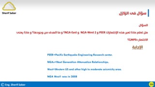 ©Eng. Sherif Saber Ӹ
Ӹ
‫اﻟﺰﻻزل‬ ‫ﻓﻰ‬ ‫ﺳﺆال‬
‫اﻟﺴﺆال‬
‫اﻹﺧﺘﺼﺎرات‬ ‫ﻫﺬه‬ ‫ﺗﻌﺒﺮ‬ ‫ﻣﺎذا‬ ‫ﺗﻌﻠﻢ‬ ‫ﻫﻞ‬
PEER
‫و‬
NGA-West 2
‫و‬
NGA-East
‫؟‬
‫ﻳﻌﻨﻰ‬ ‫ﻣﺎذا‬ ‫و‬ ‫وﺟﻮدﻫﺎ؟‬ ‫ﻣﻦ‬ ‫اﻟﻬﺪف‬ ‫ﻣﺎ‬ ‫و‬
‫اﻻﺧﺘﺼﺎر‬
GMPEs
‫؟‬
‫اﻹﺟﺎﺑﺔ‬
PEER=Pacific Earthquake Engineering Research center.
NGAs=Next Generation Attenuation Relationships.
West=Western US and other high to moderate seismicity area.
NGA West1 was in 2008
Sherif Saber
 