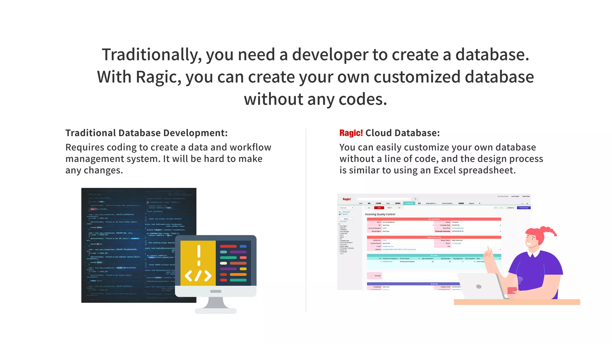 Traditional Database Development:
Requires coding to create a data and workflow
management system. It will be hard to make
any changes.
Traditionally, you need a developer to create a database.
With Ragic, you can create your own customized database
without any codes.
Ragic! Cloud Database:
You can easily customize your own database
without a line of code, and the design process
is similar to using an Excel spreadsheet.
 