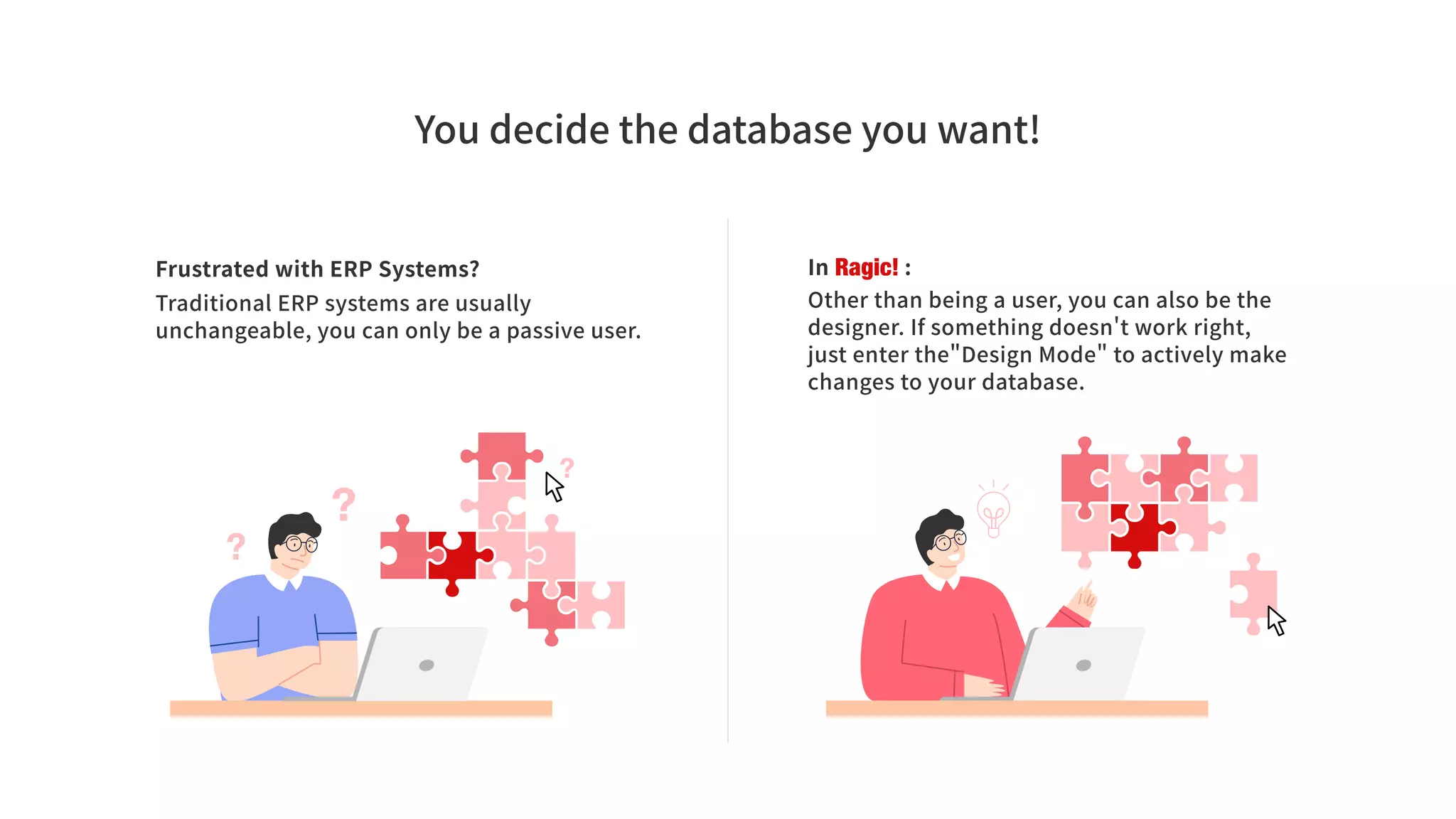 You decide the database you want!
Frustrated with ERP Systems?
Traditional ERP systems are usually
unchangeable, you can only be a passive user.
?
?
?
In Ragic! :
Other than being a user, you can also be the
designer. If something doesn't work right,
just enter the"Design Mode" to actively make
changes to your database.
 