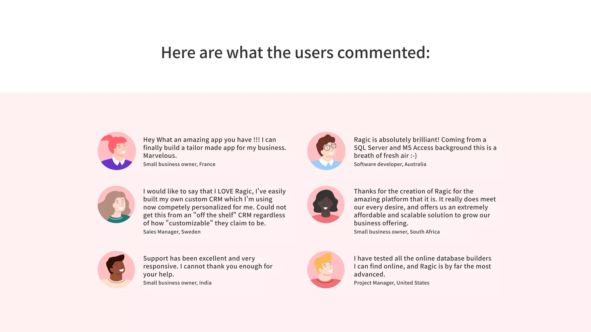 Here are what the users commented:
Hey What an amazing app you have !!! I can
finally build a tailor made app for my business.
Marvelous.
Small business owner, France
Support has been excellent and very
responsive. I cannot thank you enough for
your help.
Small business owner, India
Thanks for the creation of Ragic for the
amazing platform that it is. It really does meet
our every desire, and offers us an extremely
affordable and scalable solution to grow our
business offering.
Small business owner, South Africa
Ragic is absolutely brilliant! Coming from a
SQL Server and MS Access background this is a
breath of fresh air :-)
Software developer, Australia
I have tested all the online database builders
I can find online, and Ragic is by far the most
advanced.
Project Manager, United States
I would like to say that I LOVE Ragic, I've easily
built my own custom CRM which I'm using
now competely personalized for me. Could not
get this from an "off the shelf" CRM regardless
of how "customizable" they claim to be.
Sales Manager, Sweden
 