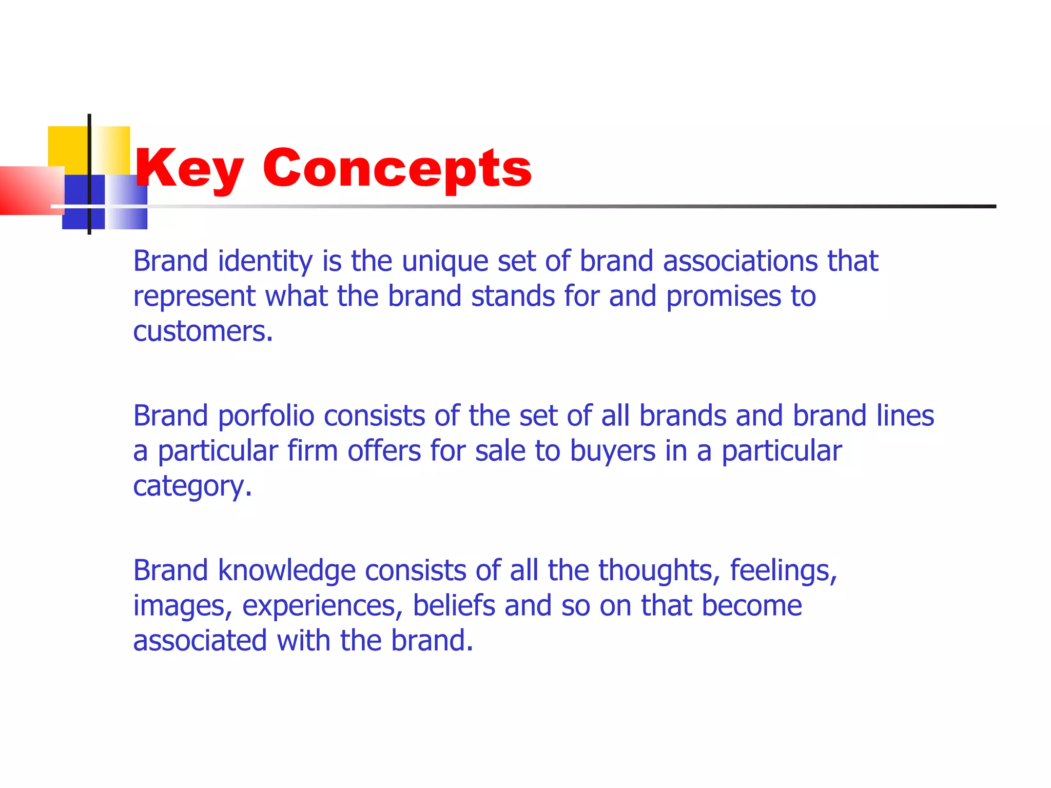 Key Concepts Brand identity is the unique set of brand associations that represent what the brand stands for and promises to customers.  Brand porfolio consists of the set of all brands and brand lines a particular firm offers for sale to buyers in a particular category.  Brand knowledge consists of all the thoughts, feelings, images, experiences, beliefs and so on that become associated with the brand.  