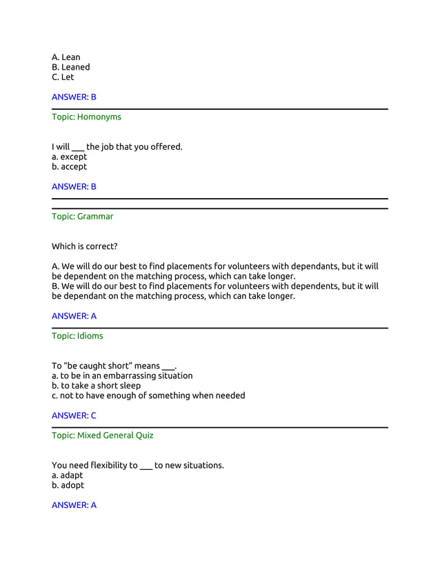 10 quiz and answers about english grammar quiz | PDF