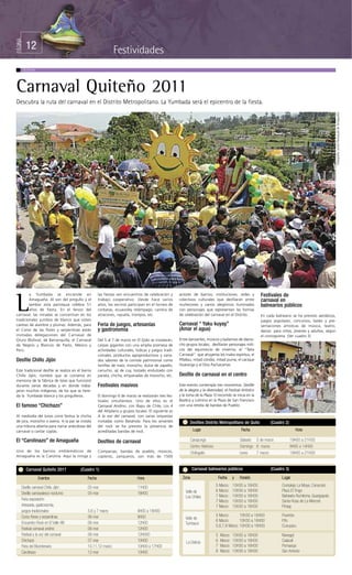 PÁGINA




          12                                                  Festividades
         Qulturas




Carnaval Quiteño 2011
Descubra la ruta del carnaval en el Distrito Metropolitano. La Yumbada será el epicentro de la fiesta.




                                                                                                                                                                                                               Fotografía: Junta Parroquial de Amaguaña
        a Yumbada se enciende en                     las fiestas son encuentros de celebración y       actores de barrios, instituciones, redes y                Festivales de

L       Amaguaña. Al son del pingullo y el
        tambor esta parroquia celebra 51
        años de fiesta. En el fervor del
carnaval, las miradas se concentran en los
tradicionales yumbos de blanco que visten
                                                     trabajo cooperativo. Desde hace varios
                                                     años, los vecinos participan en el torneo de
                                                     corbatas, ecuavoley relámpago, carrera de
                                                     atracones, rayuela, trompos, etc.
                                                                                                       colectivos culturales que desfilarán entre
                                                                                                       muñecones y carros alegóricos iluminados
                                                                                                       con personajes que representan las formas
                                                                                                       de celebración del carnaval en el Distrito.
                                                                                                                                                                 carnaval en
                                                                                                                                                                 balnearios públicos
                                                                                                                                                                 En cada balneario se ha previsto aeróbicos,
                                                                                                                                                                 juegos populares, concursos, bailes y pre-
caretas de alambre y plumas. Además, para            Feria de juegos, artesanías                       Carnaval “ Yaku kuyay”                                    sentaciones artísticas de música, teatro,
el Corso de las flores y serpentinas están           y gastronomía                                     (Amar el agua)                                            danza para niños, jóvenes y adultos, según
invitadas delegaciones del Carnaval de                                                                                                                           el cronograma. (Ver cuadro 3)
Oruro (Bolivia), de Barranquilla, el Carnaval        Del 5 al 7 de marzo en El Ejido se instalarán,    Entre danzantes, músicos y bailarines de diecio-
de Negros y Blancos de Pasto, México y               carpas gigantes con una amplia promesa de         cho grupos locales, desfilarán personajes míti-
Perú.                                                actividades culturales, lúdicas y juegos tradi-   cos del equinoccio de invierno; el “Taita
                                                     cionales, productos agroproductivos y varia-      Carnaval” que ahuyenta los malos espíritus; el
Desfile Chillo Jijón                                 dos sabores de la comida patrimonial como         Pillallau, mitad cóndor, mitad puma; el cacique
                                                     tortillas de maíz, morocho, dulce de zapallo,     Huaranga y el Dios Pachacamac.
Este tradicional desfile se realiza en el barrio     cariucho, ají de cuy, tostado endulzado con
Chillo Jijón, nombre que se conserva en              panela, chicha, empanadas de morocho, etc.        Desfile de carnaval en el centro
memoria de la fábrica de telas que funcionó
durante varias décadas y en donde traba-             Festivales masivos                                Este evento contempla tres momentos: Desfile
jaron muchos indígenas, de los que se here-                                                            de la alegría y la diversidad, el Festival Artístico
da la Yumbada blanca y los pingulleros.              El domingo 6 de marzo se realizarán tres fes-     y la toma de la Plaza. El recorrido se inicia en la
                                                     tivales simultáneos. Uno de ellos es el           Basílica y culmina en la Plaza de San Francisco
El famoso “Chichazo”                                 Carnaval Andino, con Illapu de Chile, Los 4       con una retreta de bandas de Pueblo.
                                                     del Altiplano y grupos locales. El siguiente es
Al mediodía del lunes corre festiva la chicha        A la voz del carnaval, con varias orquestas
de jora, morocho o avena. A la par se instala        invitadas como Batahola. Para los amantes                  Desfiles Distrito Metropolitano de Quito              (Cuadro 2)
una tribuna abierta para narrar anécdotas del        del rock se ha previsto la presencia de
carnaval o cantar coplas.                            acreditadas bandas de rock.                                 Lugar                               Fecha                           Hora

El “Carolinazo” de Amaguaña                          Desfiles de carnaval                                       Carapungo                            Sábado 5 de marzo             19H00 a 21H30
                                                                                                                Centro Histórico                     Domingo 6 marzo               9H00 a 14H00
Uno de los barrios emblemáticos de                   Comparsas, bandas de pueblo, músicos,                      Chillogallo                          lunes   7 marzo               19H00 a 21H00
Amaguaña es la Carolina. Aquí la minga y             copleros, zanqueros, son más de 1500


           Carnaval Quiteño 2011         (Cuadro 1)                                                              Carnaval balnearios públicos                         (Cuadro 3)
                    Eventos                  Fecha                           Hora                        Zona                          Fecha     y   Horario                 Lugar

     Desfile carnaval Chillo Jijón           05-mar                          11H00                                                 5 Marzo:      10H30 a 16H00               Complejo La Moya, Conocoto
                                                                                                           Valle de                6 Marzo:      10H30 a 16H00               Plaza El Tingo
     Desfile carnavalesco nocturno           05-mar                          18H00
                                                                                                           Los Chillos             7 Marzo :     10H30 a 16H00               Balneario Rumiloma, Guangopolo
     Feria exposición:                                                                                                             7 Marzo:      10H30 a 16H00               Santa Rosa de La Merced
     Artesanía, gastronomía,                                                                                                       7 Marzo:      10H30 a 16H00               Píntag
     juegos tradicionales                    5,6 y 7 marzo                   9H00 a 18H00
     Corso flores y serpentinas              06-mar                          9H00                                                  5 Marzo:       10H30 a 16H00              Puembo
                                                                                                           Valle de
                                                                                                                                   6 Marzo:       10H30 a 16H00              Pifo
     Encuentro Rock en El Valle XIV          06-mar                          12H00                         Tumbaco
                                                                                                                                   5,6,7,8 Marzo: 10H30 a 16H00              Cunuyacu
     Festival carnaval andino                06-mar                          12H00
     Festival a la voz del carnaval          06-mar                          12H000                                                5    Marzo:   10H30 a 16H00               Nanegal
     Chichazo                                07-mar                          10H00                         La Delicia              6    Marzo:   10H30 a 16H00               Calacalí
     Feria del Bicentenario                  10,11,12 marzo                  10H00 a 17H00                                         7    Marzo:   10H30 a 16H00               Pomasqui
     Carolinazo                              12-mar                          10H00                                                 8    Marzo:   10H30 a 16H00               San Antonio
 