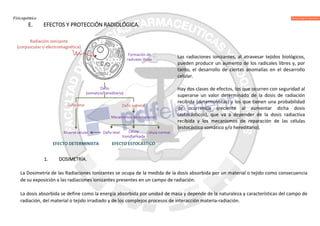 Fisicoquímica
E. EFECTOS Y PROTECCIÓN RADIOLÓGICA.
Las radiaciones ionizantes, al atravesar tejidos biológicos,
pueden producir un aumento de los radicales libres y, por
tanto, el desarrollo de ciertas anomalías en el desarrollo
celular.
Hay dos clases de efectos, los que ocurren con seguridad al
superarse un valor determinado de la dosis de radiación
recibida (deterministas) y los que tienen una probabilidad
de ocurrencia creciente al aumentar dicha dosis
(estocásticos), que va a depender de la dosis radiactiva
recibida y los mecanismos de reparación de las células
(estocástico somático y/o hereditario).
1. DOSIMETRÍA.
La Dosimetría de las Radiaciones Ionizantes se ocupa de la medida de la dosis absorbida por un material o tejido como consecuencia
de su exposición a las radiaciones ionizantes presentes en un campo de radiación.
La dosis absorbida se define como la energía absorbida por unidad de masa y depende de la naturaleza y características del campo de
radiación, del material o tejido irradiado y de los complejos procesos de interacción materia-radiación.
 