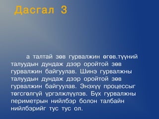 Äàñãàë 3



     à òàëòàé çºâ ãóðâàëæèí ºãºâ.ò¿¿íèé
òàëóóäûí äóíäàæ äýýð îðîéòîé çºâ
ãóðâàëæèí áàéãóóëàâ. Øèíý ãóðâàëæíû
òàëóóäûí äóíäàæ äýýð îðîéòîé çºâ
ãóðâàëæèí áàéãóóëàâ. Ýíýõ¿¿ ïðîöåññûã
òºãñãºëã¿é ¿ðãýëæë¿¿ëýâ. Á¿õ ãóðâàëæíû
ïåðèìåòðûí íèéëáýð áîëîí òàëáàéí
íèéëáýðèéã òóñ òóñ îë.
 